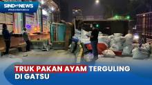 Truk Pakan Ayam Tabrak Separator Busway dan Terguling di Gatot Subroto