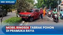 Mobil Dikendarai Wanita Tabrak Pohon di Pramuka Raya, Diduga Pecah Ban