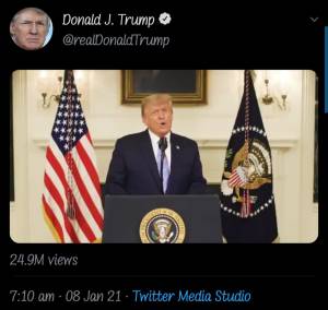 12 Jam Dibekukan Twitter, Akun Donald Trump kembali Unggah Video